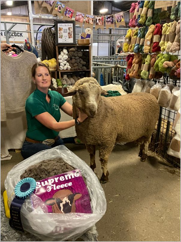 Laurel Stone, of Apple Creek Merinos, Veneta, Oregon, shows her award-winning sheep and fleece in her booth. Photo: Evelyn Taylor.